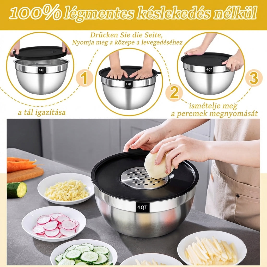 Inox tál készlet hermetikus fedőkkel