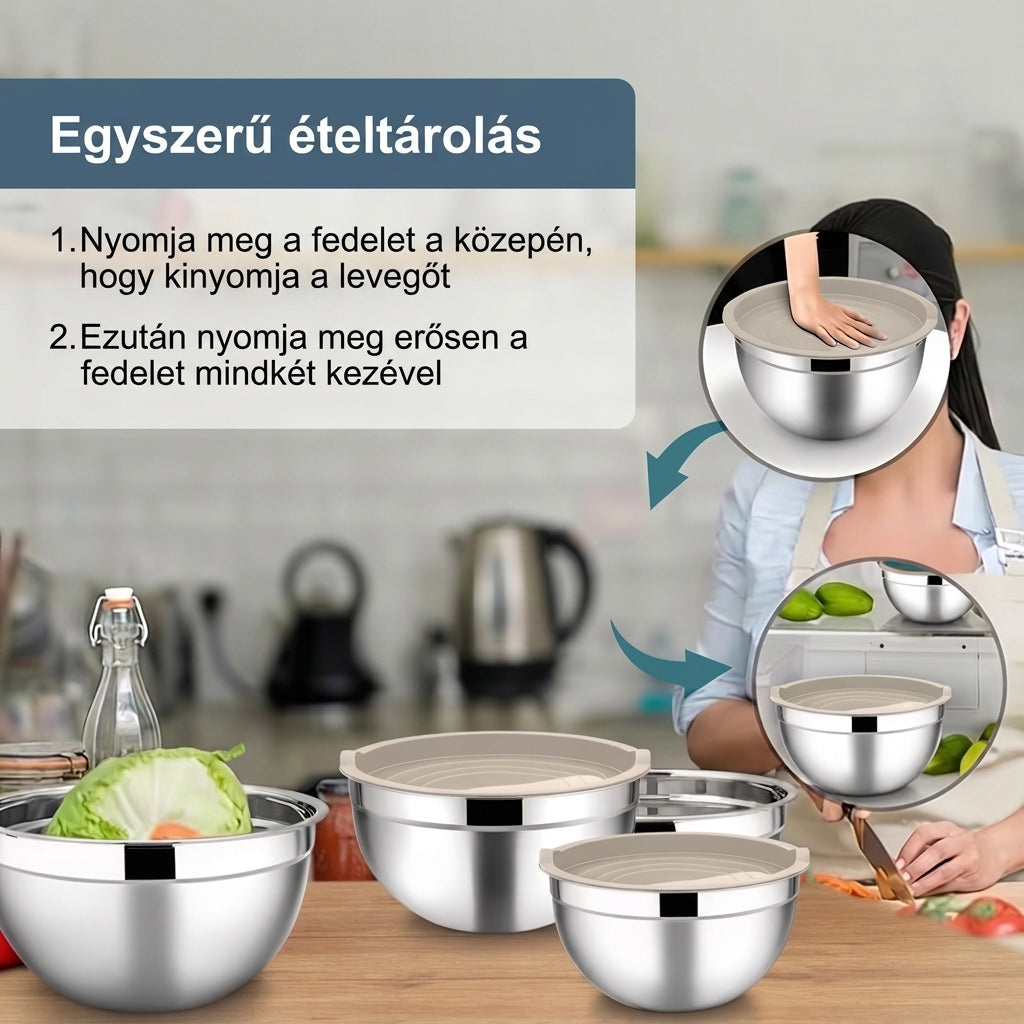 7 db-os inox tál készlet fedőkkel