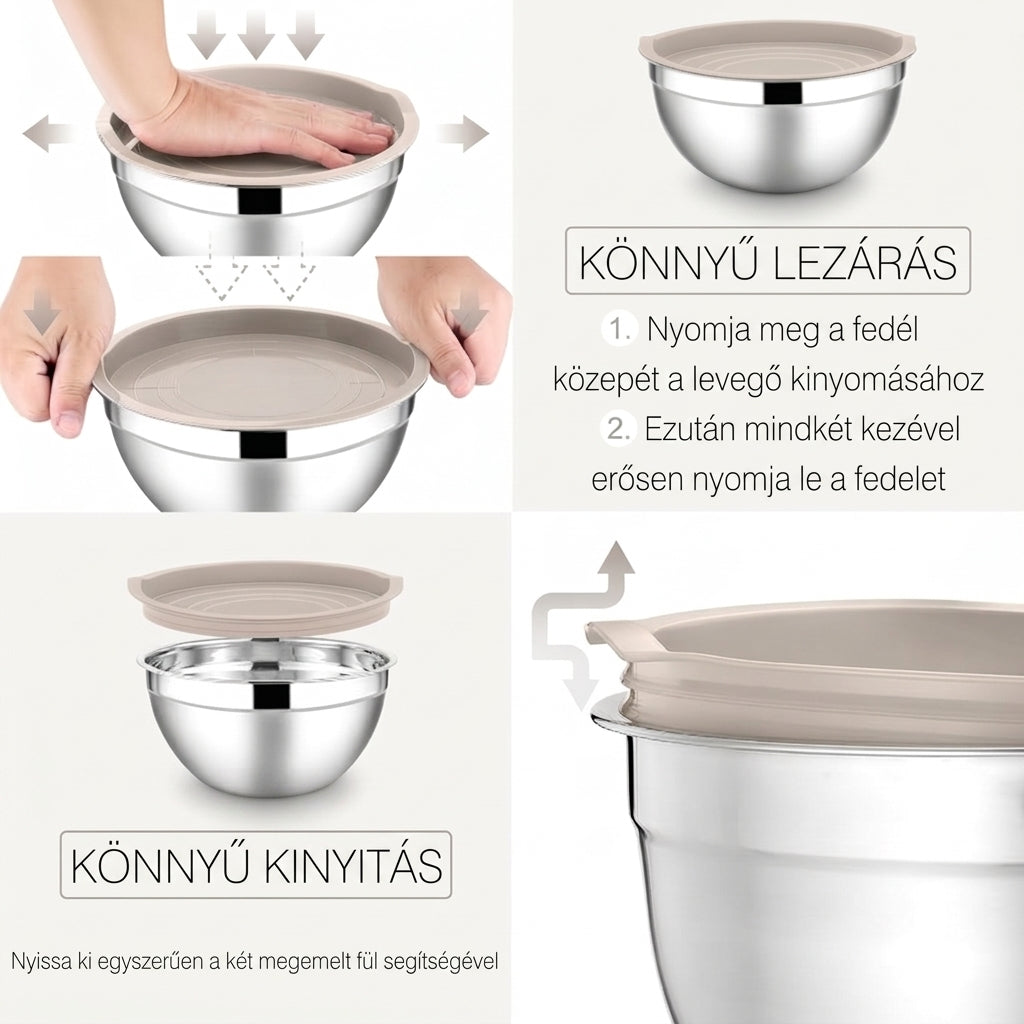 7 db-os inox tál készlet fedőkkel